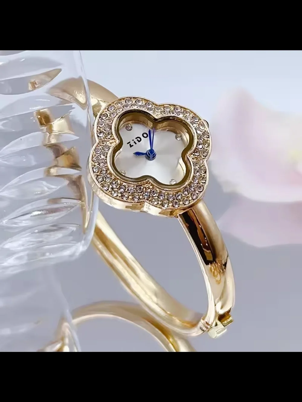 Gold tone Floral Crystal Bangle Watch with White Dial